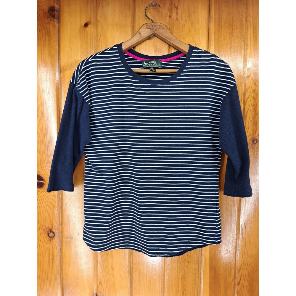 LRL Ralph Lauren Active Womens Medium 3/4 Sleeve Baseball T-shirt Navy Striped